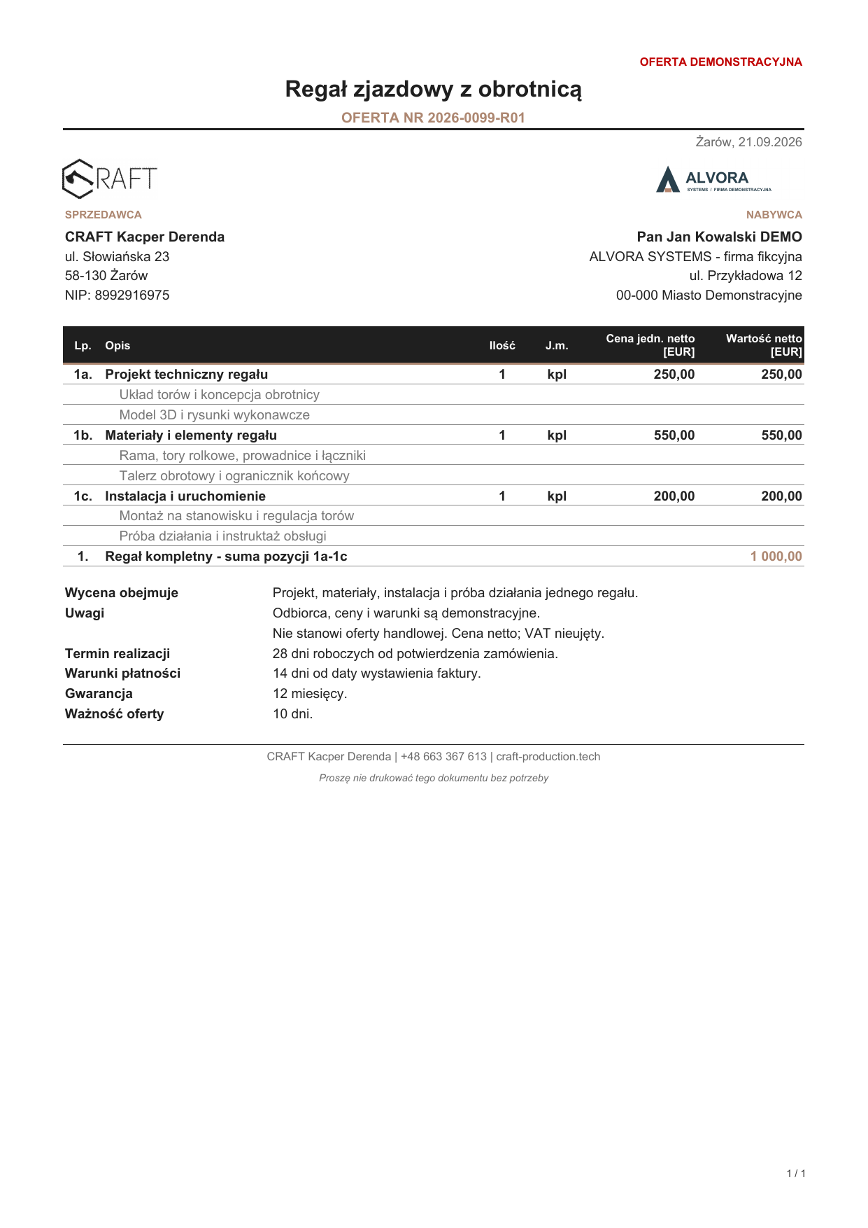 Oferta demonstracyjna 2026-0099-R01 na nowej formatce CRAFT. Sprzedawca: CRAFT Kacper Derenda, ul. Słowiańska 23, 58-130 Żarów, NIP 8992916975. Nabywca: Jan Kowalski, ALVORA SYSTEMS — firma fikcyjna. Projekt techniczny: 250 EUR. Materiały i elementy regału: 550 EUR. Instalacja i uruchomienie: 200 EUR. Razem netto: 1 000 EUR. Pozycje opisowe nie zwiększają sumy. Warunki demonstracyjne: realizacja 28 dni roboczych, płatność 14 dni, gwarancja 12 miesięcy, ważność oferty 10 dni.